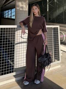 BiaLiraa Women's Summer New Vintage Brown Woven Strap Patchwork Casual Loose 2 Pieces Set Elegant - Brown - View 1