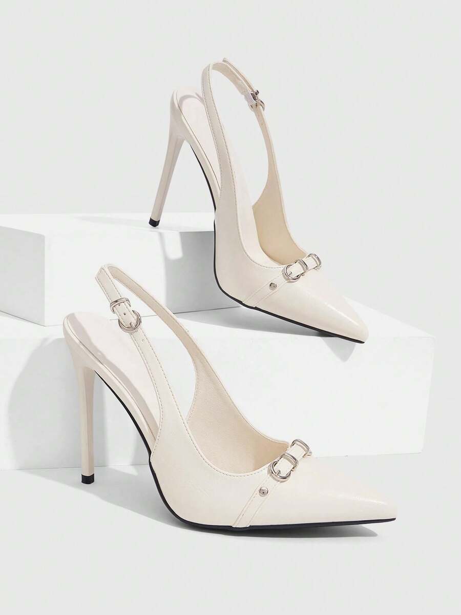 CUCCOO SZL 女款尖頭細高跟米色後提跟扣飾鉚釘優雅時尚性感女鞋 Slingback 穆勒鞋 - -馬油二代米白8# - 查看 1