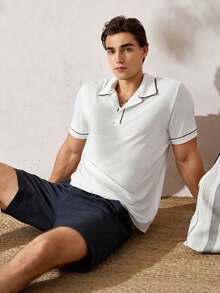 TONEVAULT Men's Casual Button Half Placket Ribbed Short Sleeve Contrast Color T-Shirt - White - View 3