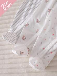 【2件套】新生儿柔软舒适连体睡衣，爱心花卉印花，短袖连脚设计 - 彩色 - 查看 4