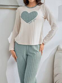 SHEIN 秋冬薄刷毛甜美刺繡愛心居家服 2 件套 - 淺藍色 - 查看 2