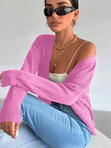 EURMUSE Women's Solid Color Drop Shoulder Cardigan - Hot Pink - View 4