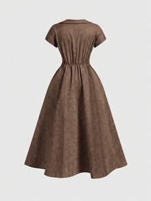 SHEIN MOD Plus Size Women's Solid Color Button Fitted Elegant 1950s Vintage 1920s Mid-Length Dress, Vintage Court Style, Old Money Vibe, Formal, Chocolate Brown - Khaki - View 2