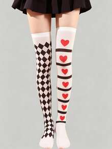ROMWE Goth 1 Pair Women's Heart Pattern Plaid Over-The-Knee Long Socks - Multicolor - View 6