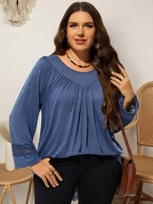 EMERY ROSE Atasan Wanita Ukuran Besar Warna Polos dengan Patchwork Renda untuk Kantor Formal, Keluarga, Ulang Tahun, Brunch, Biru Muda, Musim Gugur, Bisnis Kasual, Padu Padan, Bentuk Lembut, Boho Elegan - Navy Blue - View 3