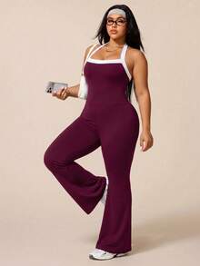 SHEIN Rhythm Era Women's Plus Size Sports Yoga Outdoor Gym One-Piece Jumpsuit Strapless Camisole Spaghetti Strap Contrast Color Straps Spaghetti Strap Style Leggings Flare Pants Tight Fit - Red Violet - View 4