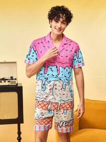 Notgurli Conjunto de Roupa de Casa Masculino com Estampa de Skate de Banana Creme, Gola e Abotoamento Simples, Casual e Divertido para o Verão, 2 Peças - Multicolorido - Visão 3