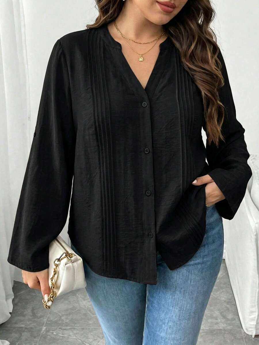 Modelyn 大尺碼女款純色缺口V領捲袖襯衫 正式商務度假辦公室黑色秋季休閒俐落反社交傳統寬鬆 - 黑色 - 查看 1