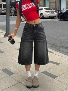 SHEIN 青少年女孩休閒日常牛仔寬鬆寬腿褲，附口袋與鈕扣設計 - 黑色 - 查看 2