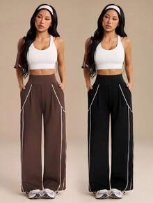 SHEIN Velisys 2pcs Women's Colorblock Pocket Casual Daily Travel Sports Long Pants - Multicolor - View 3