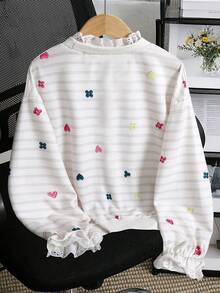 SHEIN 青少年女孩休閒韓風拼接白色蕾絲刺繡領口與袖口喇叭袖衛衣，適合旅行、上學與通勤 - 淺灰色 - 查看 2