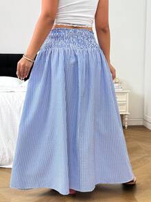 SHEIN EZwear Striped Casual Plus Size Women's Front Knot Skirt - Blue and White - View 2