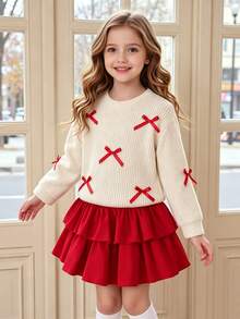 SHEIN Playful Pals 2pcs/Set Girls Knitted Crew Neck Long Sleeve Sweatshirt With Butterfly Decor & Mini Cake Skirt,Polyester,Machine Washable,Back To School,Christmas - Multicolor - View 1
