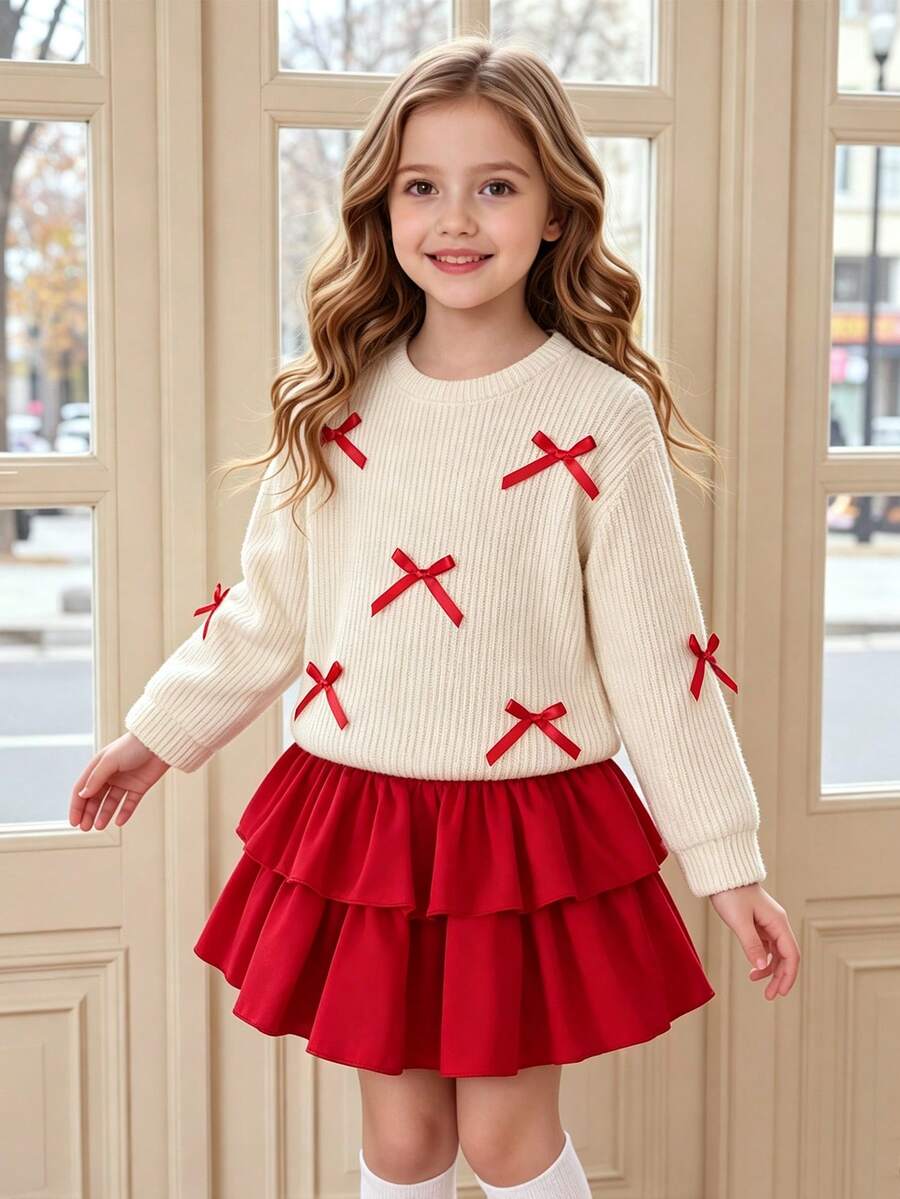 SHEIN Playful Pals 2pcs/Set Girls Knitted Crew Neck Long Sleeve Sweatshirt With Butterfly Decor & Mini Cake Skirt,Polyester,Machine Washable,Back To School,Christmas - Multicolor - View 1
