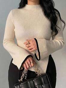 Dazy Plus Plus Size Colorblock Patchwork Flared Sleeve Split Hem Fitted High Neck Casual Sweater For Autumn/Winter - Apricot - View 4