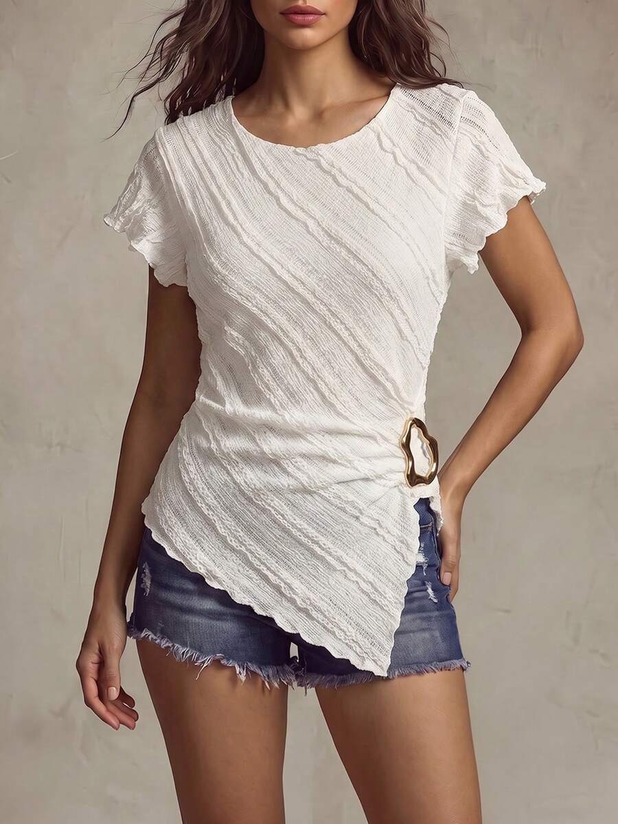 Franclia Chic White Semi-Sheer Knitted Crop Top For Women Casual Ruched Asymmetrical Hem Round Neck Short Sleeve Tee - White - View 1