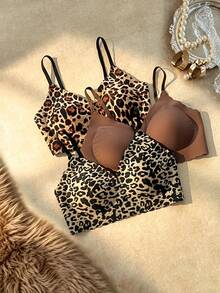 Bare Chapter Sexy Leopard Print Solid Color Wavy Edge Bonded Seamless Lingerie Set 3pcs - Multicolor - View 3