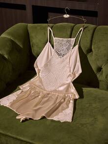 SilkySpell Sexy Beige Lace Backless Patchwork Camisole & Shorts Pajama Set For Women - Beige - View 1