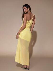 SHEIN Glamour Light Yellow Sheer Mesh Bodycon Maxi Dress, Cutout Front Drawstring Asymmetric Split Skirt For Summer - Yellow - View 3