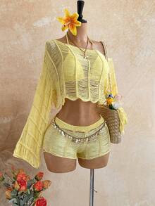 Soleia Women's Plus Size Solid Color Asymmetric Shoulder Long Sleeve Top And Shorts Knit Set Fall - Light Yellow - View 7