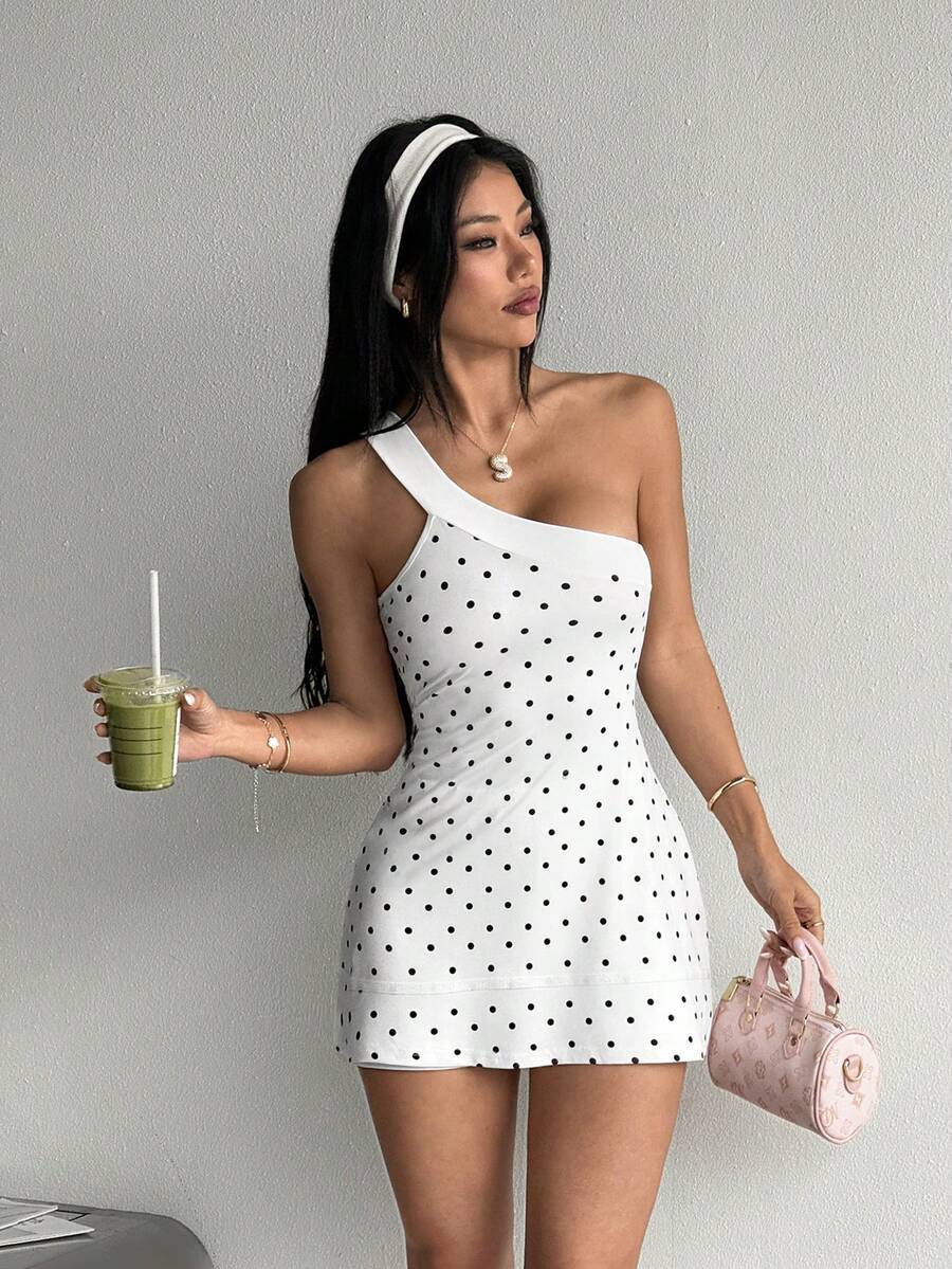 Dewbera Dewbera Women's Polka Dot One Shoulder Casual Daily Outing Sports Dress - White - View 1