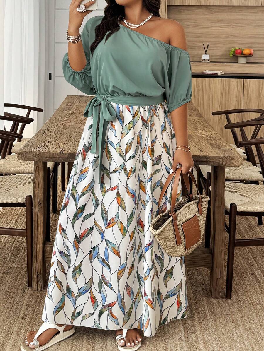 Weeklong Plus Size Women Floral Print Twist Waist Asymmetrical Shoulder Dress Elegant - Multicolor - View 1