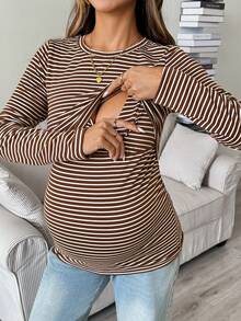 SHEIN ملابس علوية رضاعة كاجوال بسيطة مخططة عادية للحوامل للخريف والمواعيد والولادة، أساسية لطيفة وأنيقة للخروج - بني - مشاهدة 1