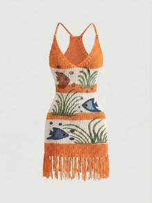 ROMWE Summer Outfits Beach Vacation Fish Print Tassel Fitted Knit Dress - Orange - View 1