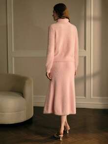 MOTF PREMIUM WOMEN SOLID FLUFFY KNIT SWEATER & FAUX PEARLS MERMAID SKIRT SET - Pink - View 4