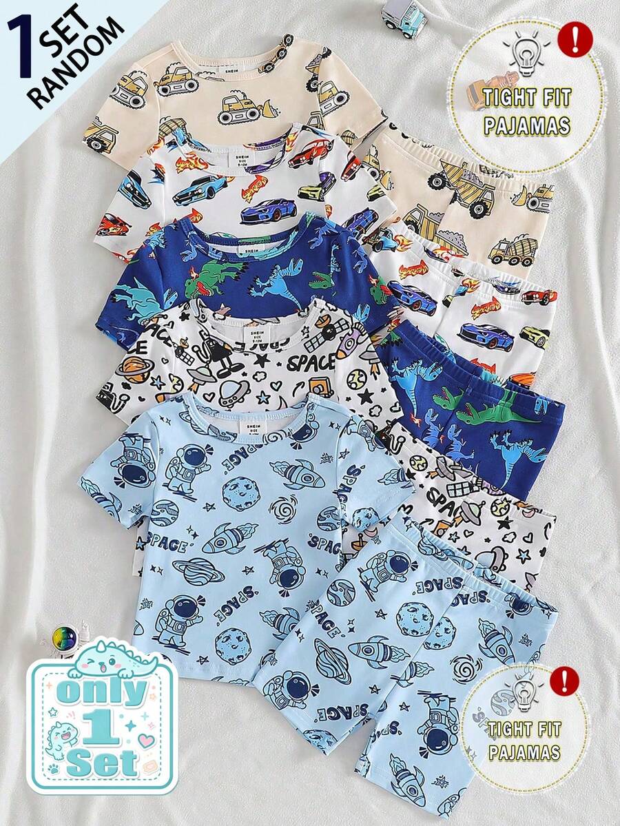 [1 Set Random] Baby Boy Round Neck Short Sleeve & Shorts Multi-Color Car Cloud Print Snug Fit Pajamas Soft Knit Summer Casual Homewear - Multicolor - View 1
