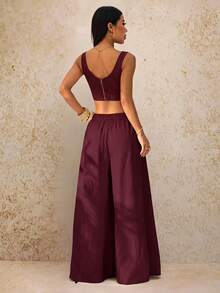 SHEIN PETITE New Spring/Summer Vacation Casual Fishbone Strap Top And Wide Leg Long Pants With Pockets 2 Pieces Set Textured Fabric Outfit - B - Burgundy - View 2