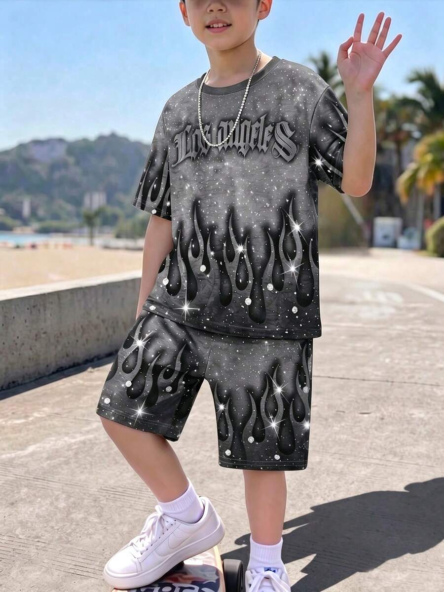 Boys' Summer Fashion New Dark Grey Flame Rhinestone Print Short Sleeve + Shorts Set, Suitable For Spring And Summer Wear - Multicolor - View 1