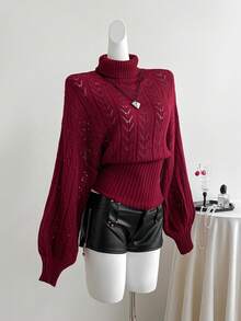 Elamini Burgundy Hollow Out Turtleneck Sweater, Women Batwing Long Sleeve Ribbed Hem Going Out Date Autumn Elegant - Burgundy - View 3