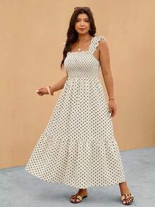 Elaquor Plus Size Polka Dot Print Casual Vacation Dress - Apricot - View 5