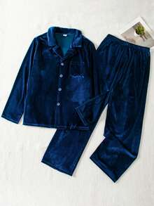 SHEIN Royal Blue Lapel Cardigan Velvet Pajamas For Teen Boys, Simple Solid Color Pocket Loose Drape Autumn/Winter Home Wear 2 Pieces Set - Navy Blue - View 4