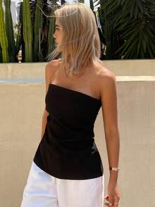 Livesso Petite Kaos Wanita Tanpa Tali, Warna Polos, Minimalis, Potongan Slim Fit, Cocok untuk Liburan - Hitam - View 7