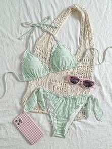 Vivid Eden Set Pakaian Renang Bikini Seksi Wanita Musim Panas untuk Pantai, Warna Polos, dengan Hiasan Ruffle dan Tali Leher. - Hijau - View 1