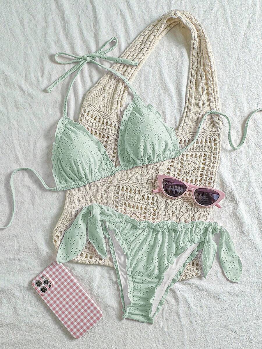 Vivid Eden Set Pakaian Renang Bikini Seksi Wanita Musim Panas untuk Pantai, Warna Polos, dengan Hiasan Ruffle dan Tali Leher. - Hijau - View 1