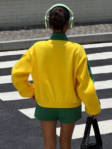 Muchica Women's Autumn Streetwear Graphic Color Block Outfit Printed Short Jacket High Waist Shorts Set Brazilian Football Beach Green And Yellow Dark Green - Yellow - View 3