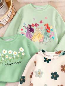SHEIN 隨機發貨 1/3 款盲盒 1 套女童春夏秋冬花卉、公主、字母與雛菊圖案休閒百搭圓領長袖衛衣 + 內搭褲套裝，適合日常穿著、度假，舒適隨性，休閒風格，花卉圖案穿搭，完美造型 - 彩色 - 查看 6