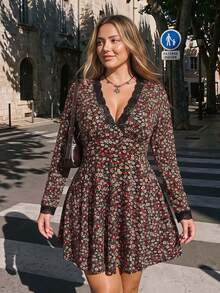 SHEIN ICON Plus Size Vintage 1960s Elegant Y2K Sexy V-Neck Lace Contrast Mesh Casual Floral Long Sleeve Dress Autumn Date Night Wedding Office Brown - Multicolor - View 9