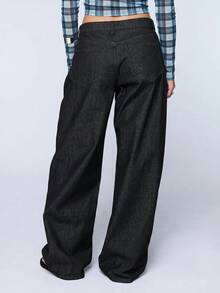 COUREZ Celana Jeans Lipit Balon Sedang Warna Hitam Denim Wash Gaya Y2K Musim Gugur untuk Wanita, Celana Jeans Longgar untuk Pergi Keluar Musim Gugur untuk Wanita - Hitam - View 3
