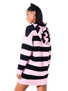 SUMWON WOMEN Oversized Striped Hooded Sweater Mini Dress With Embroidered Badge Tie Neckline And Ribbed Hem Autumn Winter - Multicolor - View 2