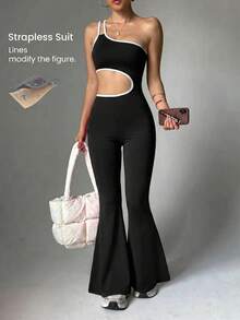 Slayform Slayform Young & Energetic Sporty Jumpsuit, Black & White Cutout One-Shoulder Design - Black and White - View 1