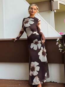 Jeta Ari Gaun Pesta Lengan Panjang Bermotif Bunga Jala Hitam Model Pas Badan untuk Musim Gugur/Dingin Terbaru yang Elegan - Chocolate Brown - View 6