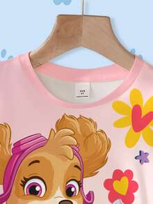 SHEIN | PAW Patrol 少女夏季可爱小狗和花卉印花短袖连衣裙 - 白色 - 查看 3