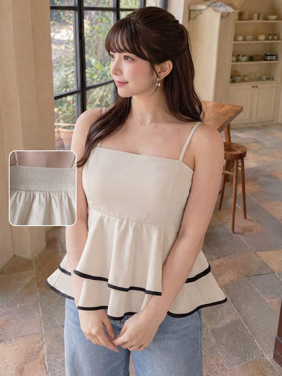 Bijouette Plus Size Casual Vacation Solid Color Woven Camisole And Tank Top,Soft Fabric, Japanese Sweet Style For Holiday,Elasticated Lower Back Top, Going Out - Apricot - View 1