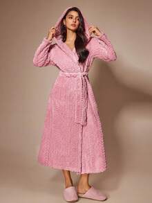 Lazeform Women's Autumn/Winter Flannel Long Hooded Robe, Sweet & Cute Loungewear - Pink - View 4
