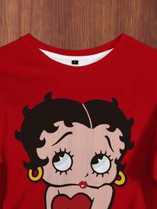 Betty Boop x SHEIN 女款卡通印花圓領短袖休閒T恤 - 白色 - 查看 5