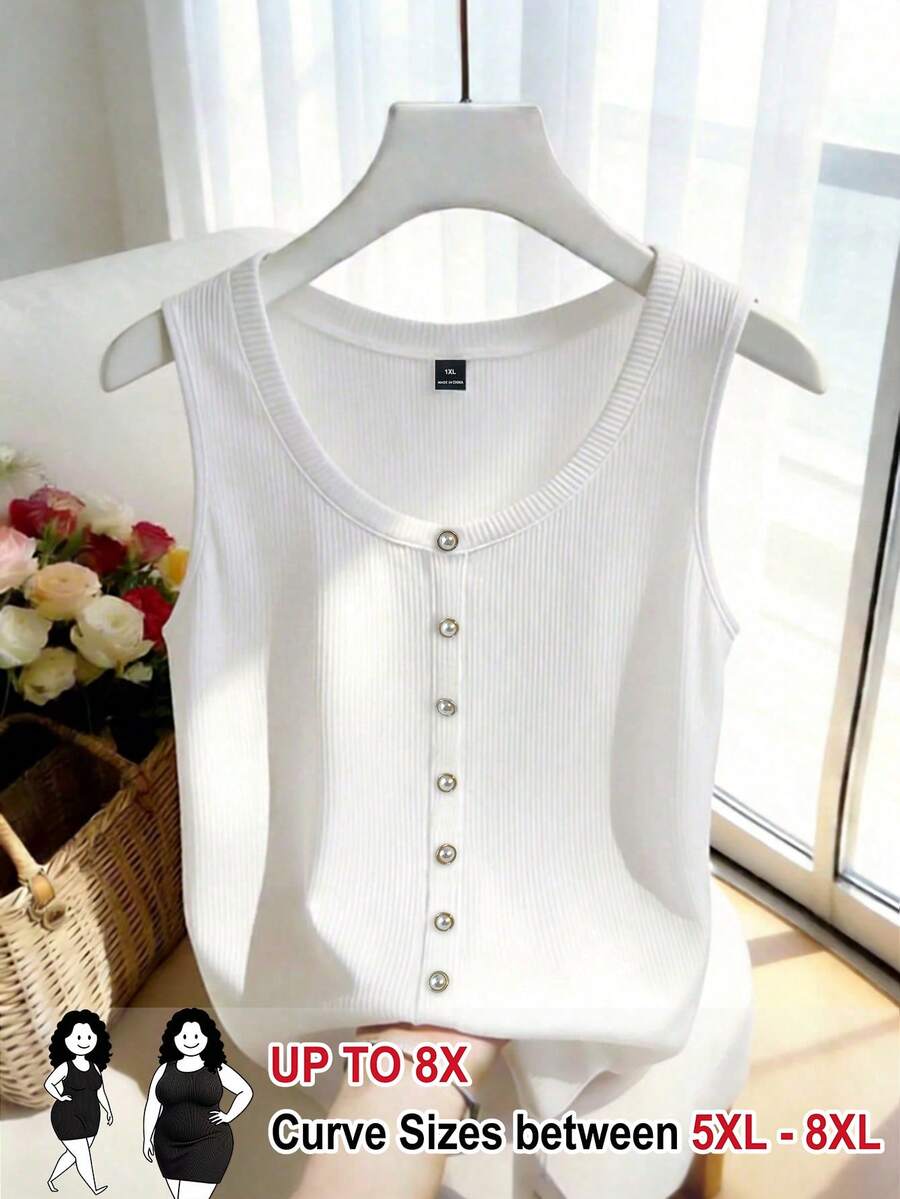 SHEIN CURVE+ Blusa sin mangas elegante y de moda con botones de perla para mujer - Blanco - Ver 1